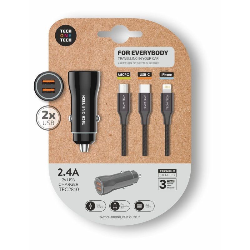 Carregador de carro Tech One Tech TEC2810/ 2xUSB + cabo 3 em 1/ 2,4A