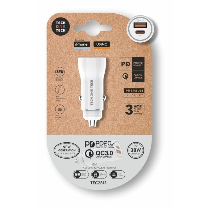Carregador de carro Tech One Tech TEC2813/ 1xUSB-Tipo C/ 1xUSB/ 38W